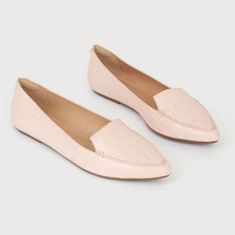 Lulu’s - Emmy Leather Blush Crocodile-Embossed Pointed-Toe Loafers - Size 7
